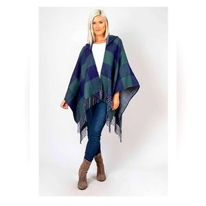 Simply Noelle Perfectly Plaid Buffalo Check Hooded Wrap/Poncho,Navy